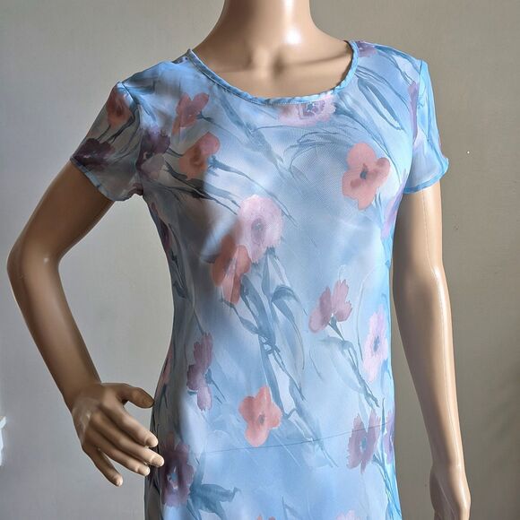 Vintage Y2K Express Blue Maxi Dress Semi Sheer Overlay Floral Fairycore Size 3-4 - Picture 4 of 11